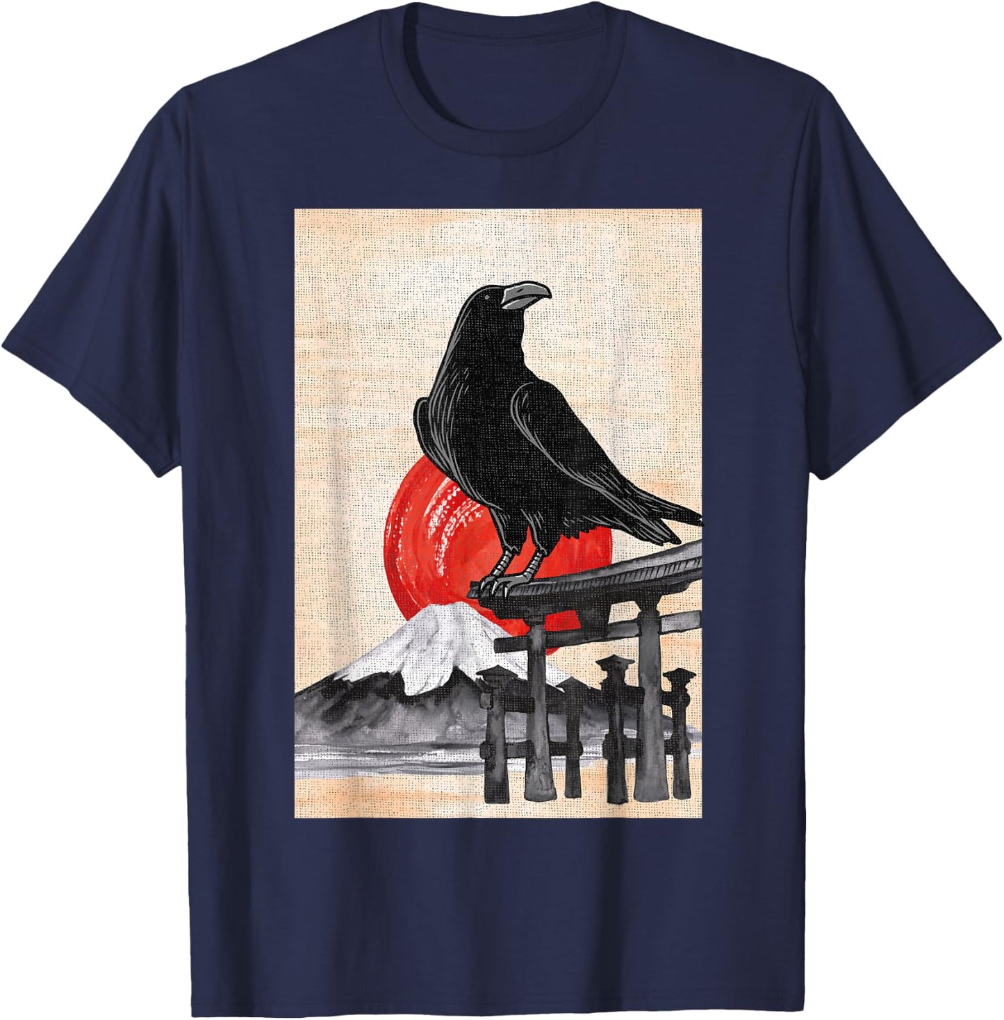 Japanese Style Red Moon Raven Graphic Black Crow Occult Goth T-Shirt - T-Shirt | Navy