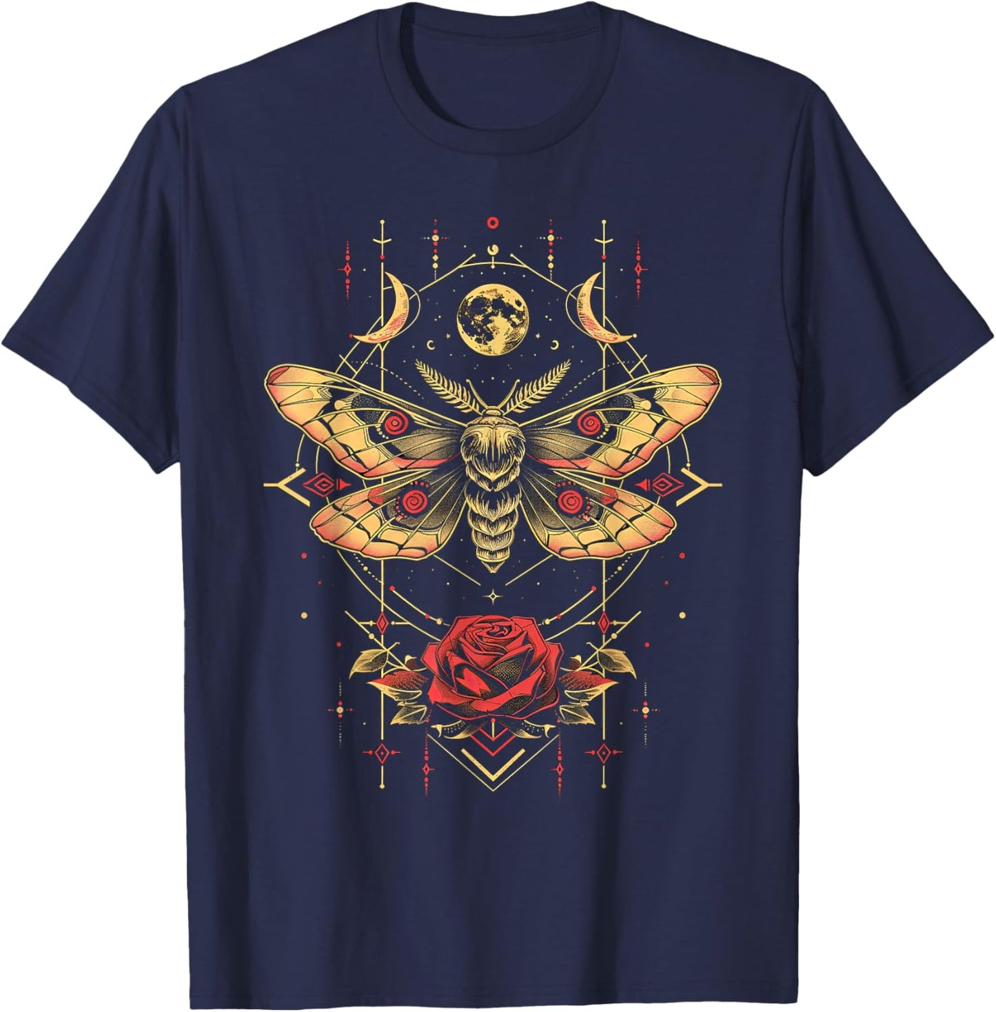 Mystic Moth in Front of Moon Roses Occult Gothic Simple Dark T-Shirt - T-Shirt | Navy
