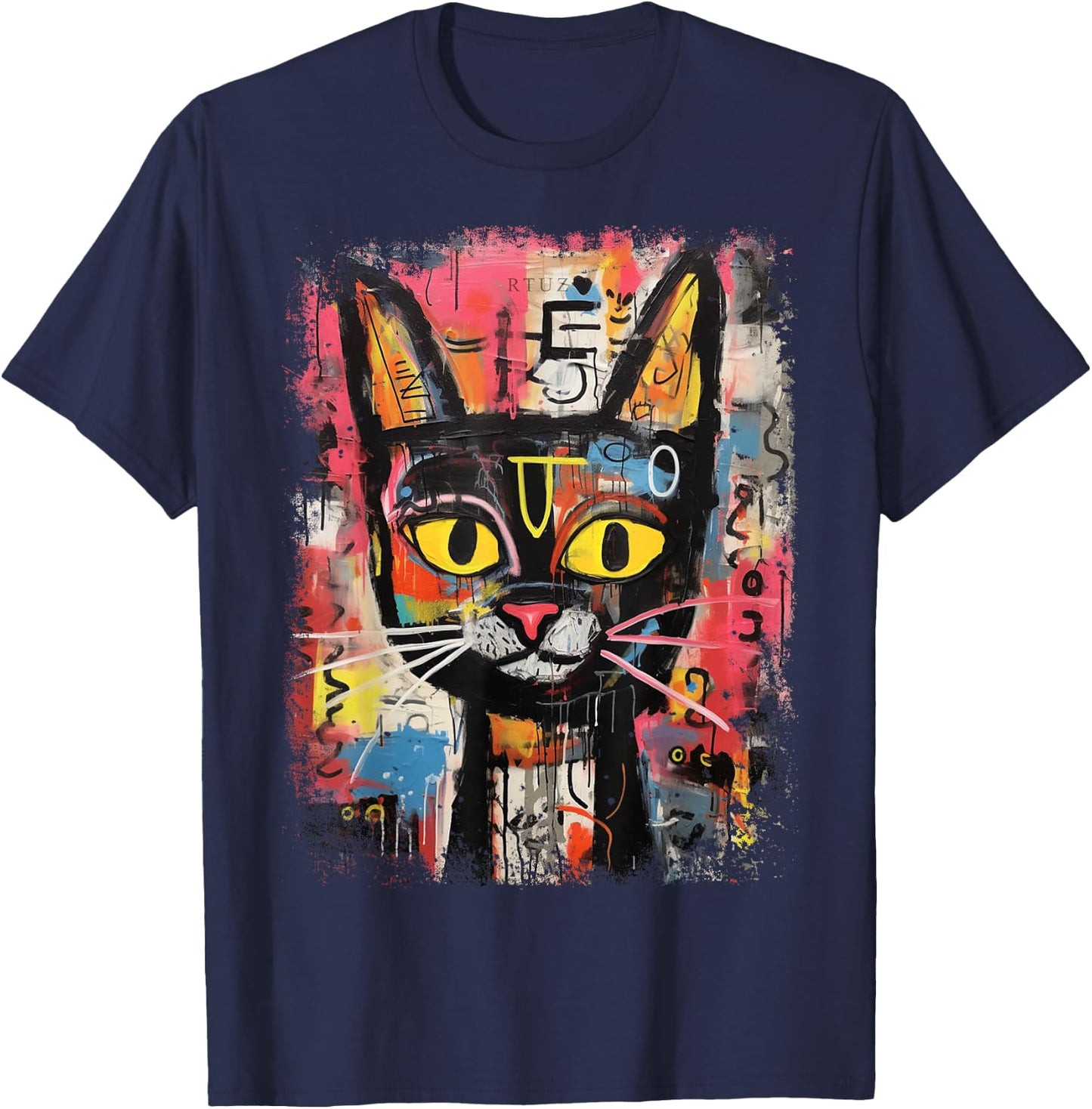 Y2K Streetwear Hip Hop Abstract Cat Pop Art Graffiti Cat T-Shirt - T-Shirt | Navy