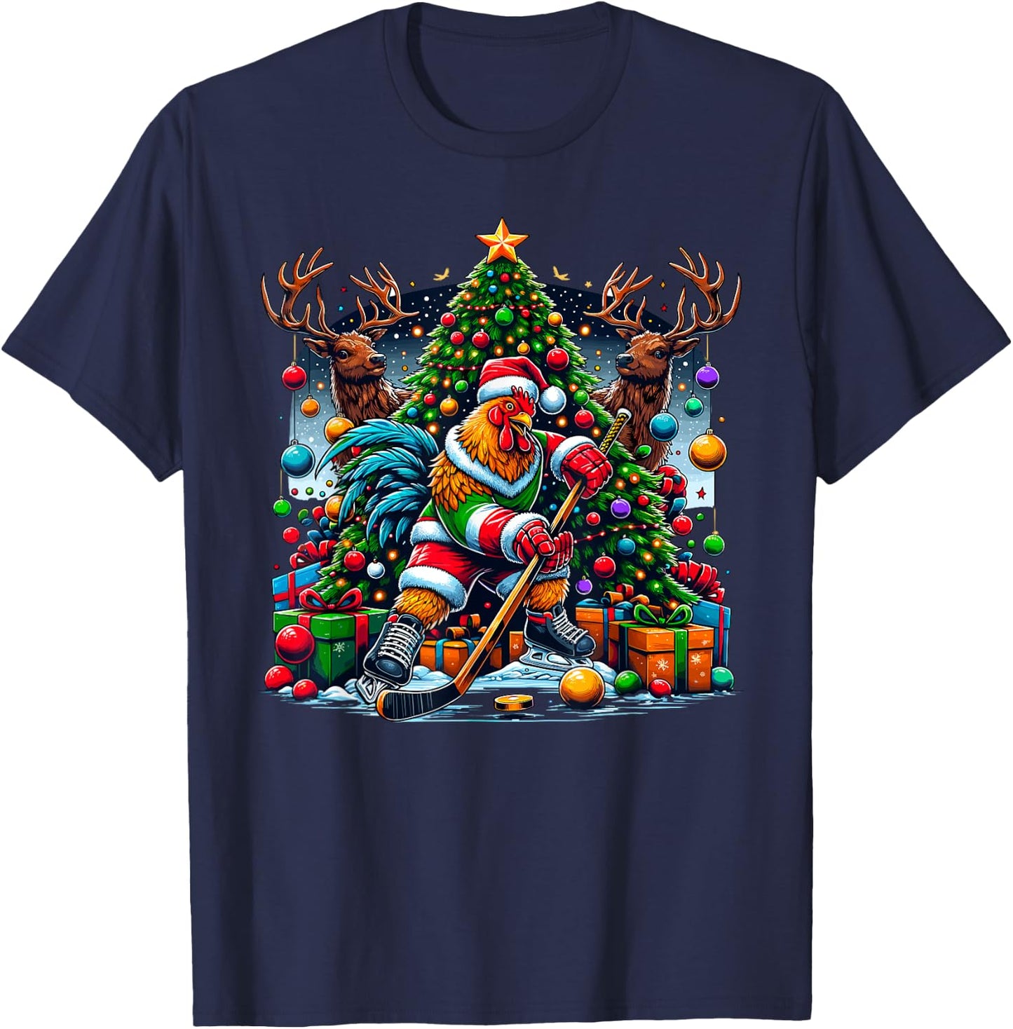 Funny Santa Chicken Playing Hockey T-Shirt - T-Shirt | Navy