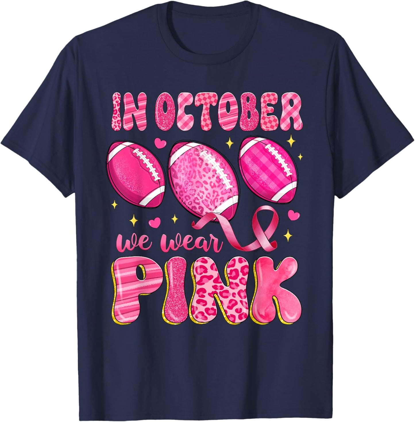 In October We Wear Pink Football Leopard Breast Cancer T-Shirt - T-Shirt | Navy