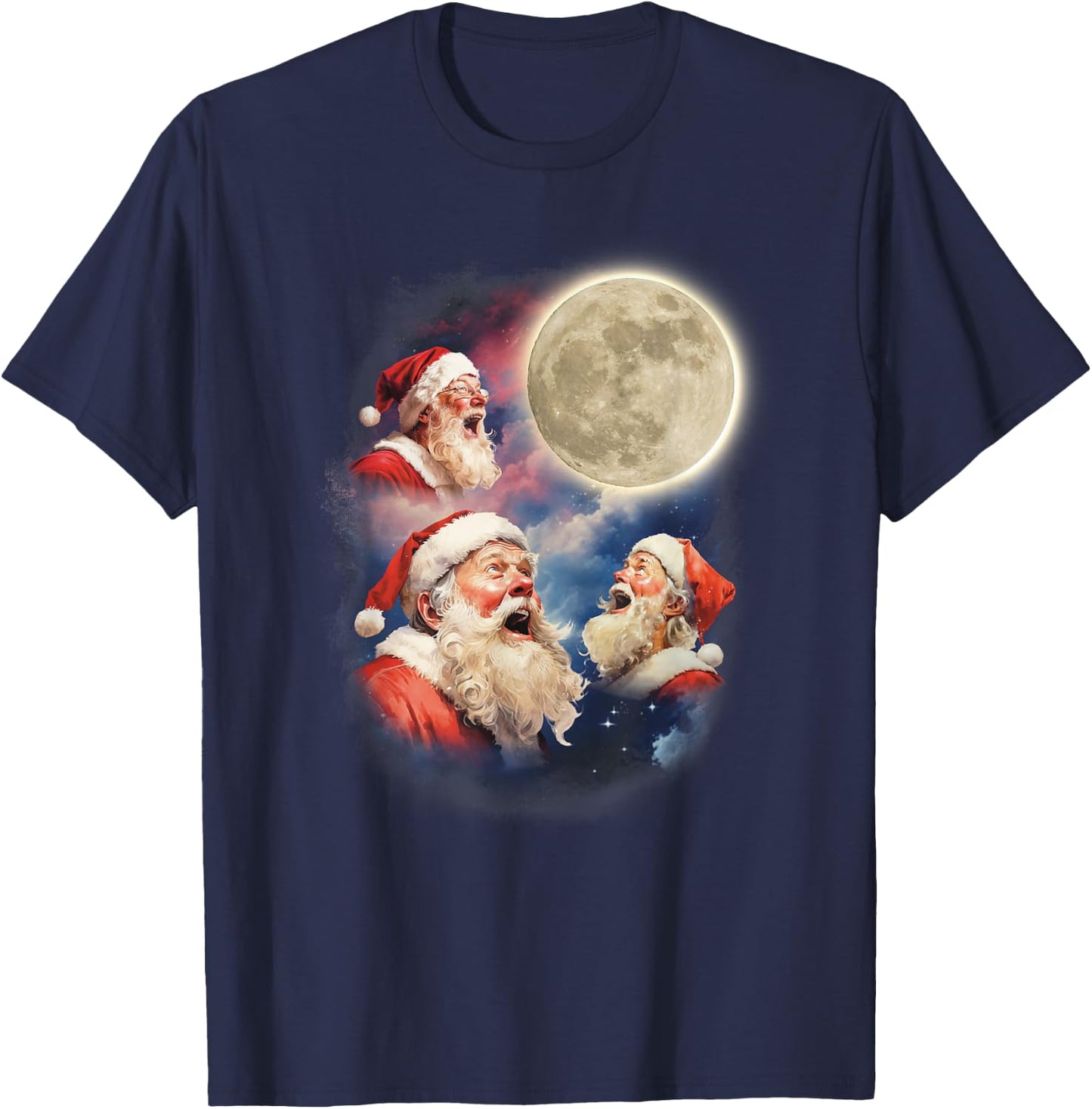 Three Santa Moon Santas Howling At Moon Meme Weird Christmas T-Shirt - T-Shirt | Navy