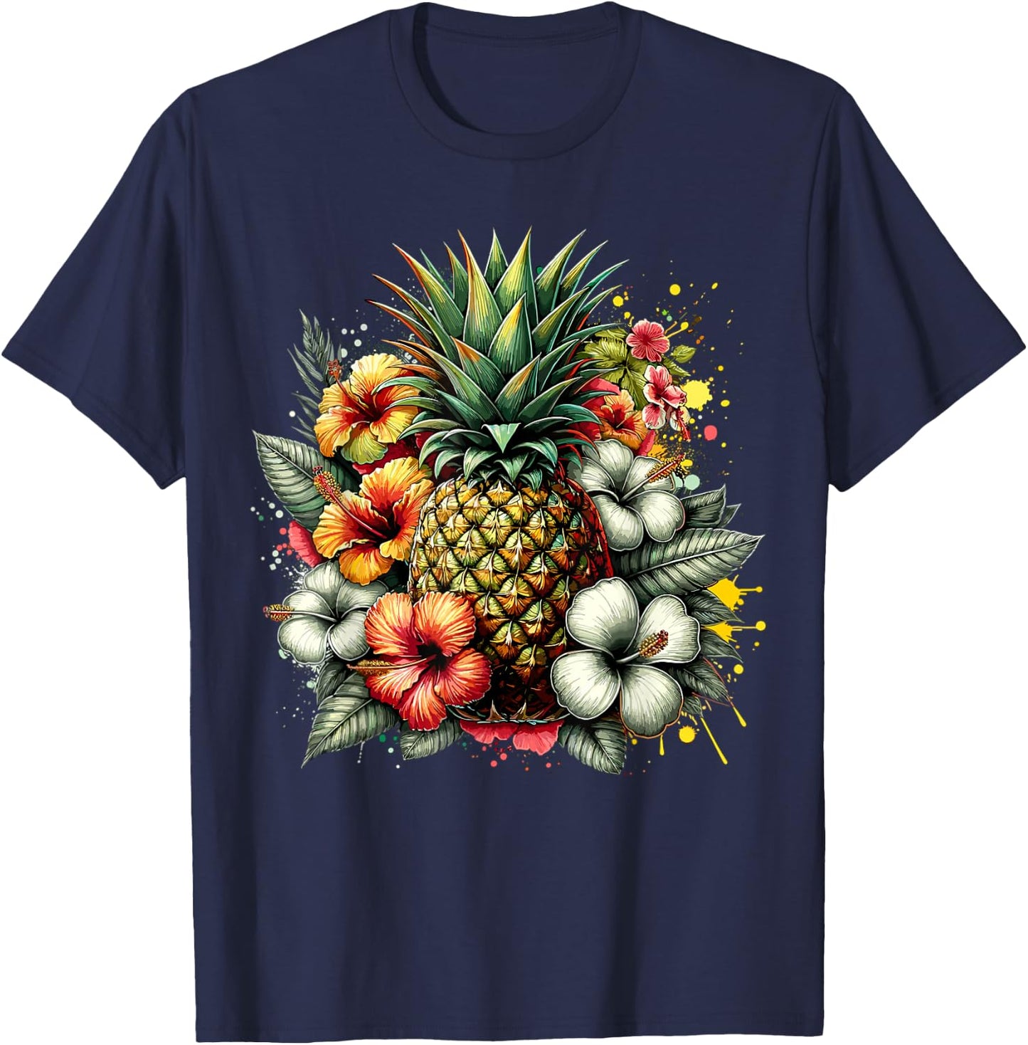Pineapple Hawaii Vintage Hawaiian Floral T-Shirt - T-Shirt | Navy