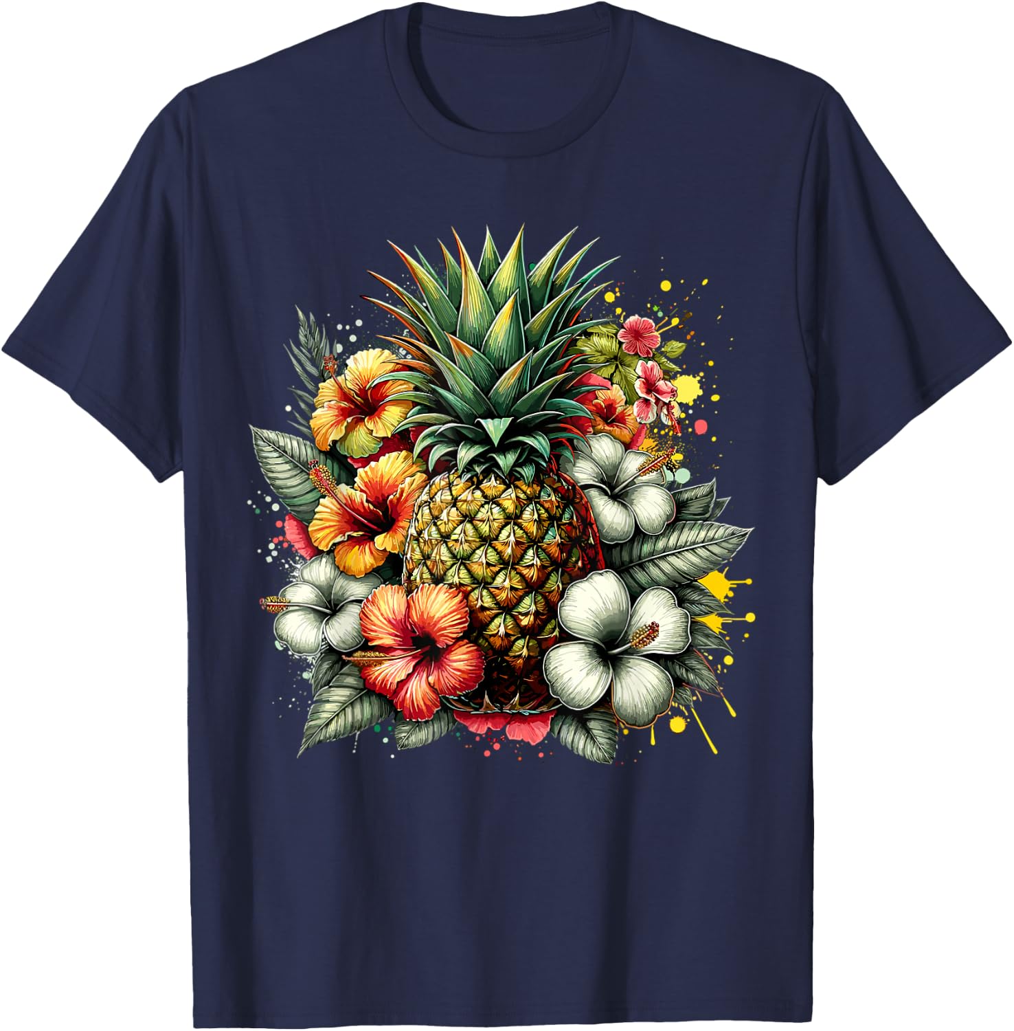 Pineapple Hawaii Vintage Hawaiian Floral T-Shirt - T-Shirt | Navy