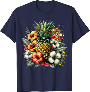 Pineapple Hawaii Vintage Hawaiian Floral T-Shirt - T-Shirt | Navy