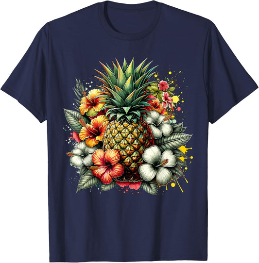 Pineapple Hawaii Vintage Hawaiian Floral T-Shirt - T-Shirt | Navy