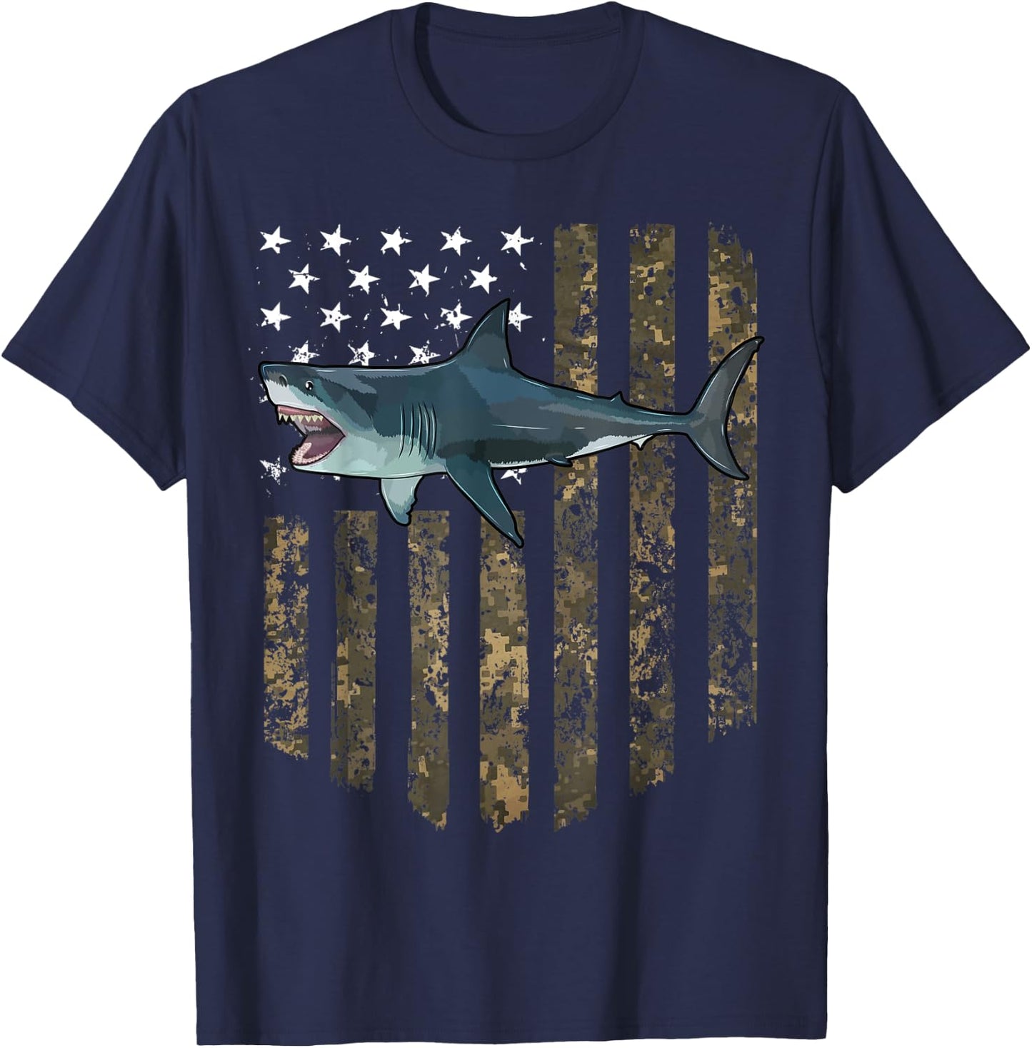 Camo American Flag Megalodon 4th Of July T-Shirt - T-Shirt | Navy