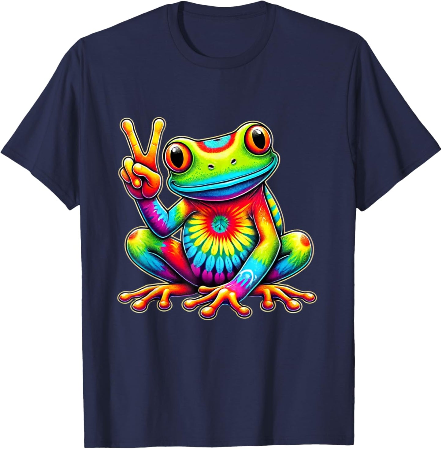Tie-Dye Frog Holding Peace Sign Funny Hippie T-Shirt - T-Shirt | Navy