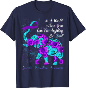 Suicide Prevention Awareness Teal Purple Sunflower Elephant T-Shirt - T-Shirt | Navy