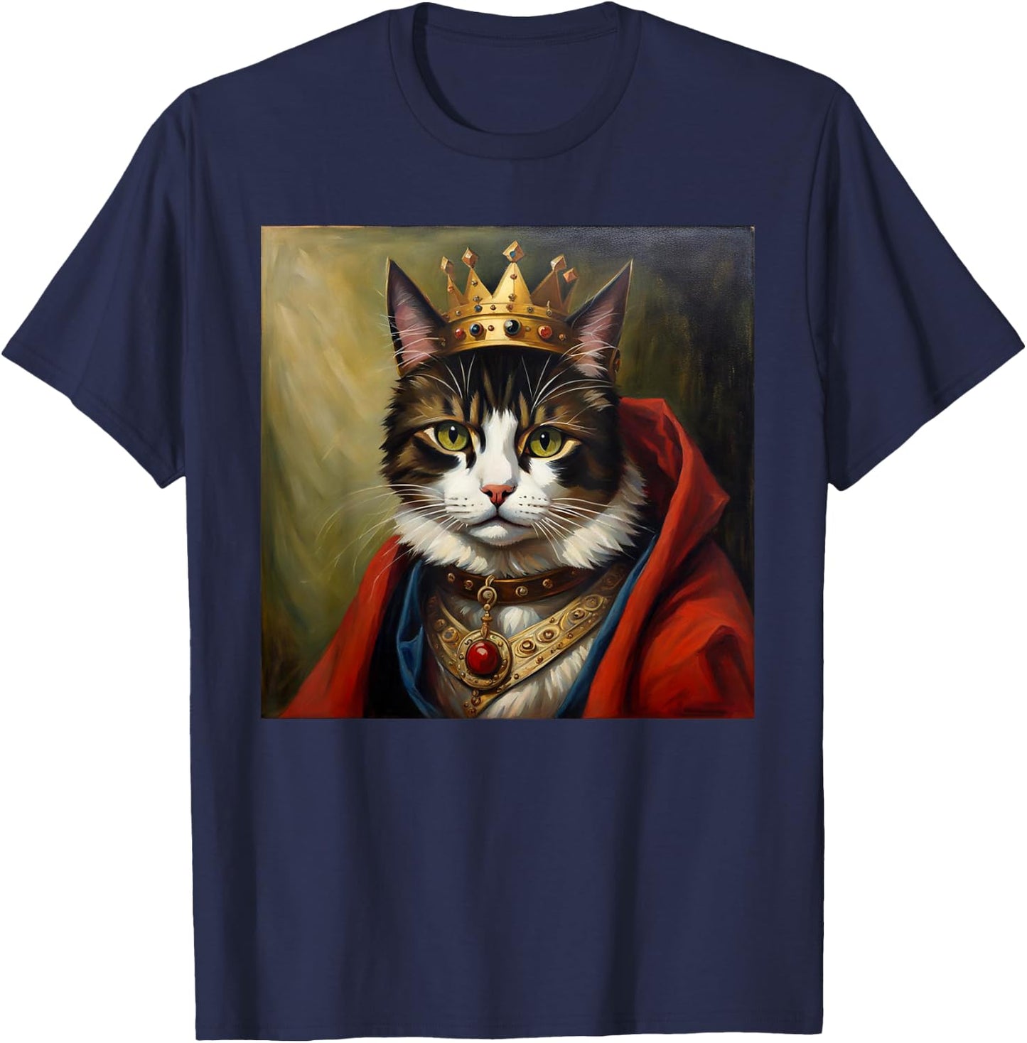 Cat King Funny Cute Animal Medieval Renaissance Oil Painting T-Shirt - T-Shirt | Navy