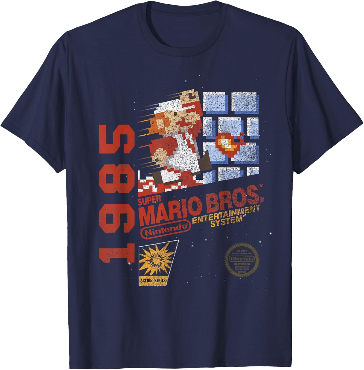 Super Mario Bros NES 1985 Retro 8-Bit Nintendo Game Cover T-Shirt - T-Shirt | Navy