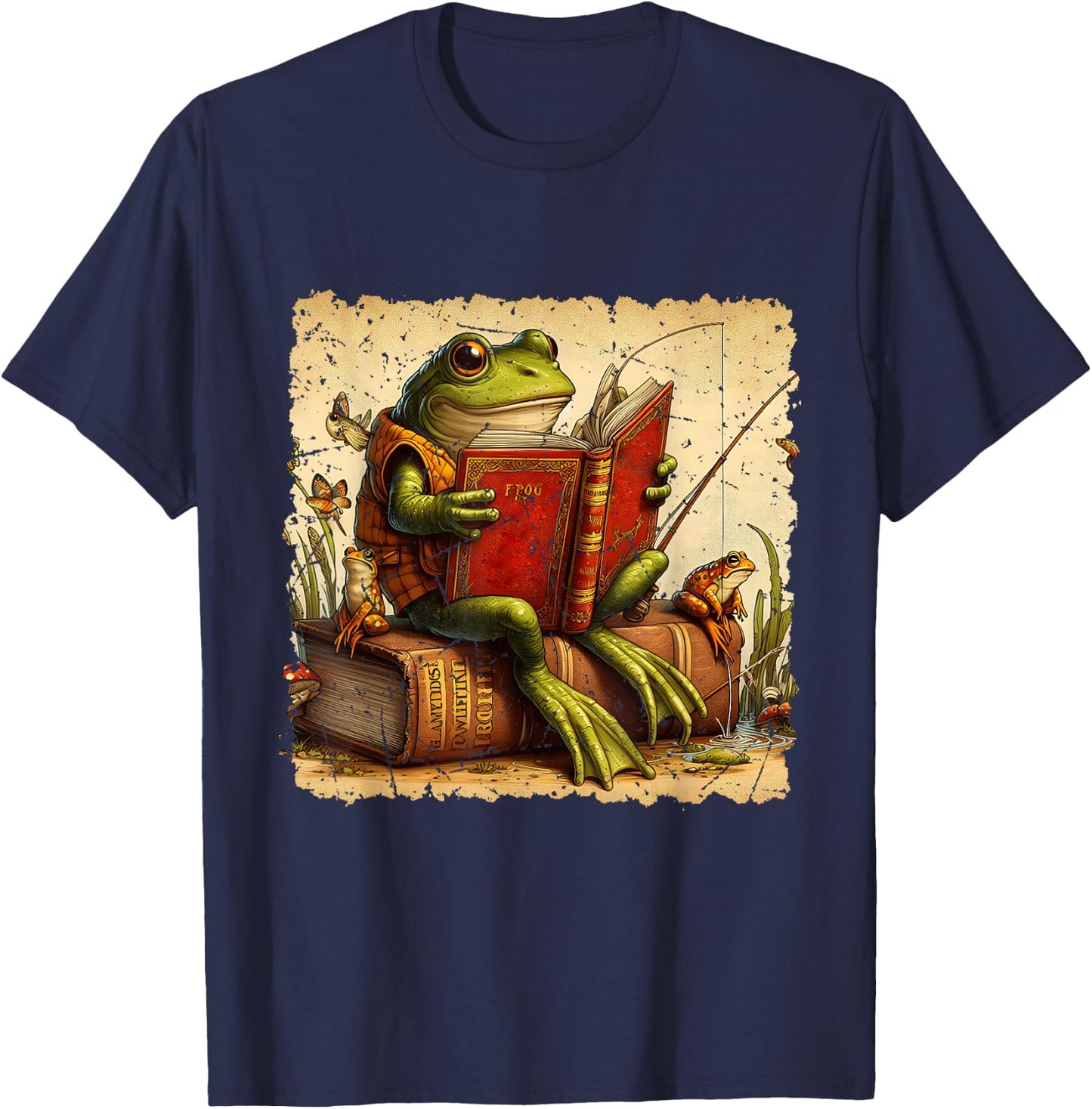 Frog & Toad Fishing Vintage Classic Book Frog Reading Book T-Shirt - T-Shirt | Navy