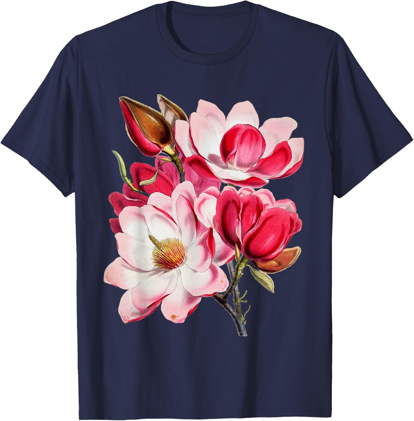 Vintage Pink Magnolia Tree Blooming Flower Fleur T-Shirt - T-Shirt | Navy