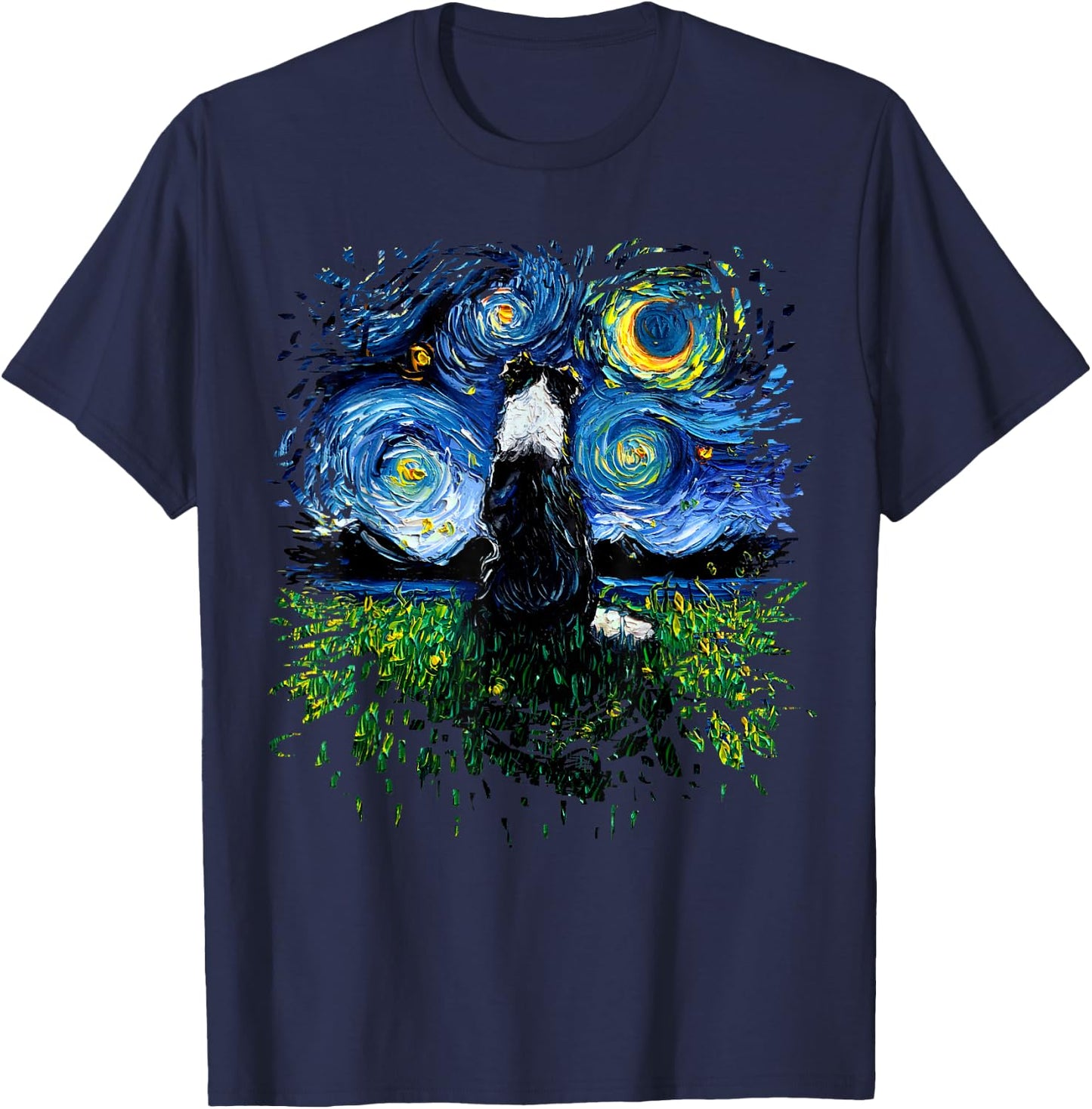 Border Collie Back Starry Night Impressionist Dog Aja Art Women Girls Kids T-Shirt - T-Shirt | Navy