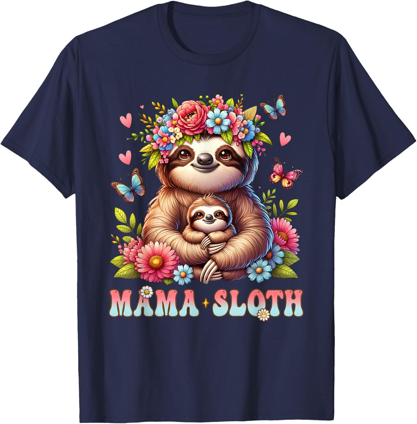 Mama Sloth Mother's Day Matching Floral Mommy Mom T-Shirt - T-Shirt | Navy