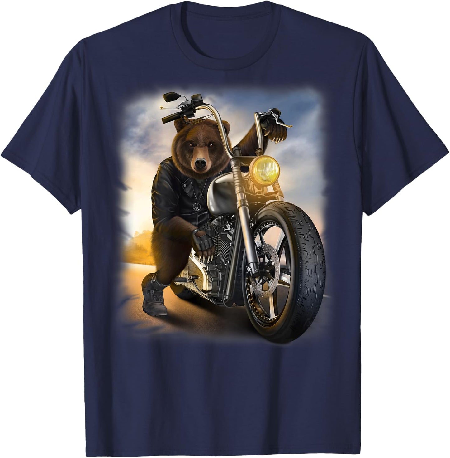 Grizzly Bear Riding Chopper Motorcycle at Sunset T-Shirt - T-Shirt | Navy