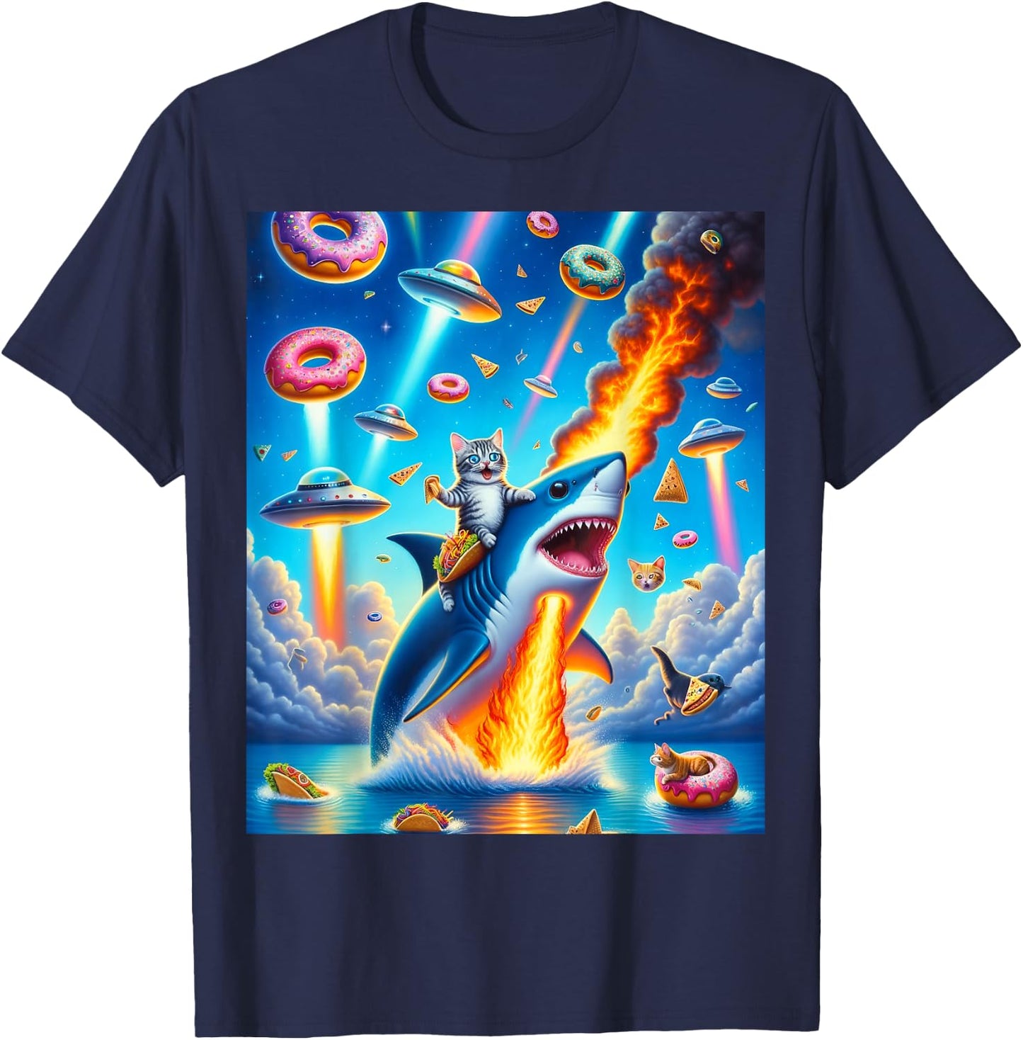 Cat Kitty Riding Fire Breathing Shark Rainbow Laser Taco T-Shirt - T-Shirt | Navy