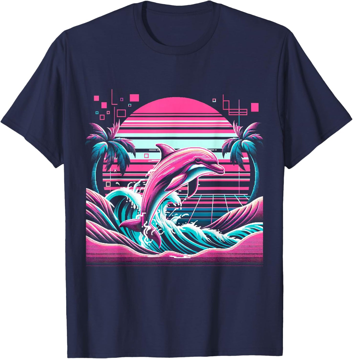 Retro Dolphin Palm Sunset Vaporwave - 80s 90s Glitch Art T-Shirt - T-Shirt | Navy