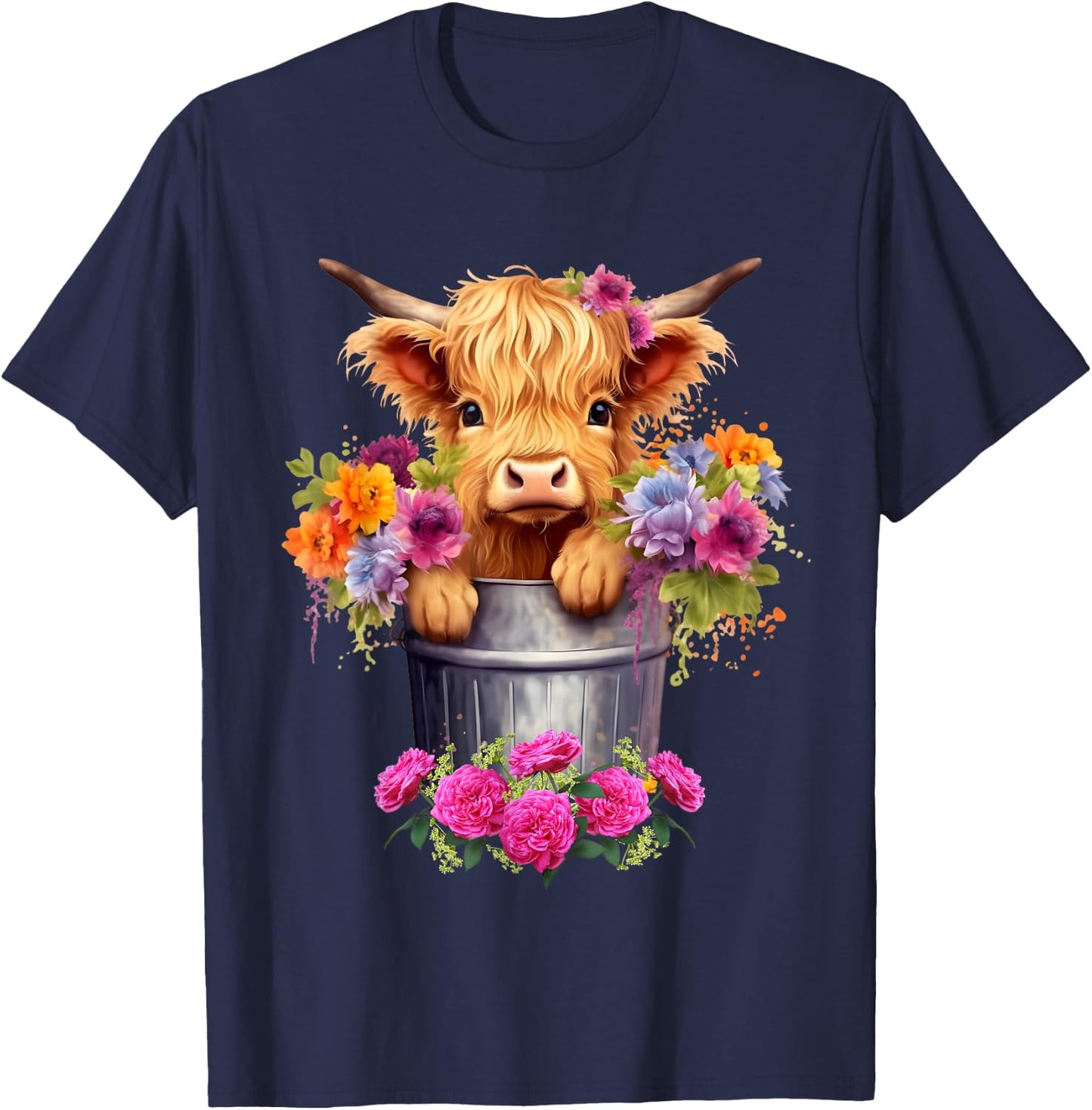 Cute Baby Highland Cow With flowers Calf Animal cow women T-Shirt - T-Shirt | Navy