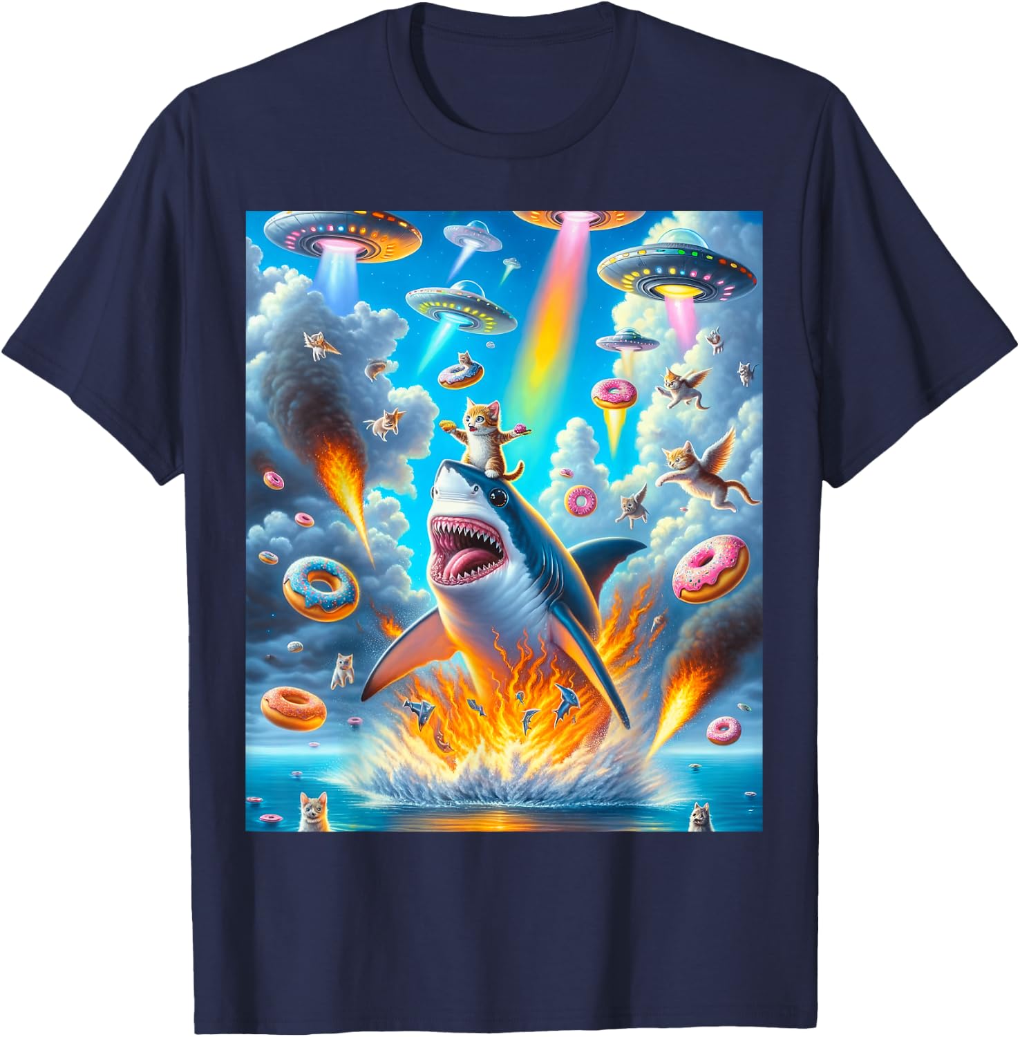 Cat Kitty Riding Fire Breathing Shark Rainbow Laser Taco T-Shirt - T-Shirt | Navy