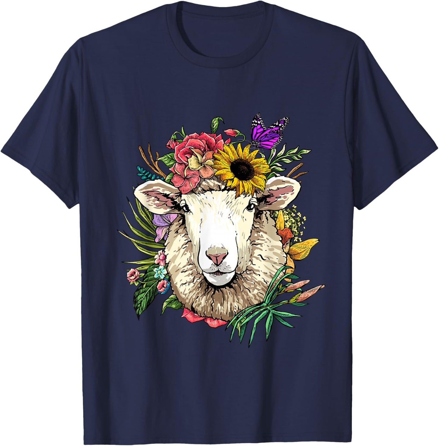 Floral Sheep Shirt Lamb Farm Animal Face Farmer Sheep Lover T-Shirt - T-Shirt | Navy