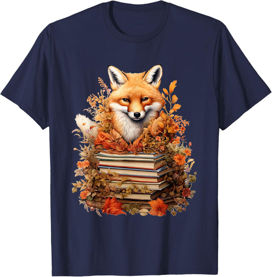 Cottagecore Aesthetic floral Fox with Book cute Goblincore T-Shirt - T-Shirt | Navy