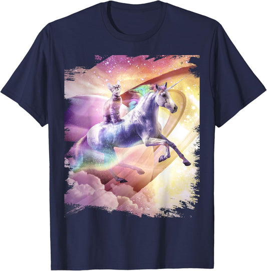 Rainbow Galaxy Cat Riding Unicorn in Space Women Girls Kids T-Shirt - T-Shirt | Navy