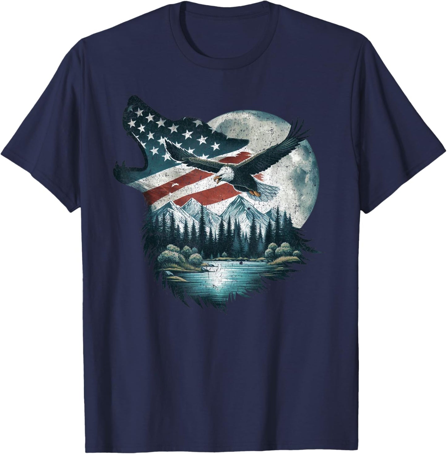 Bald Eagle Wolf US Flag 4th Of July Patriotic Man Woman T-Shirt - T-Shirt | Navy