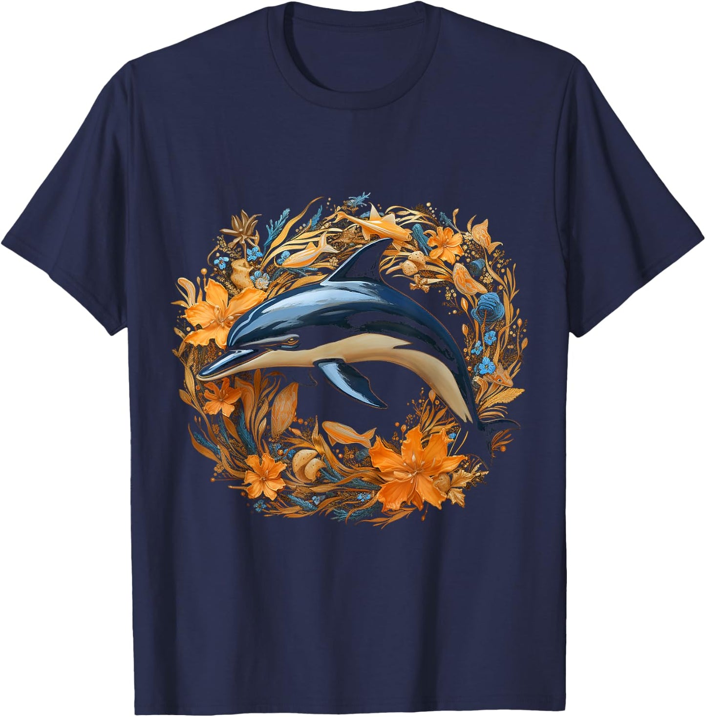 Dolphin Flowers Art Animal Sculpture Graphic Dolphin T-Shirt - T-Shirt | Navy