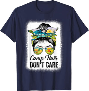 Camp Hair Don't Care Camper Camping Messy Bun Hair T-Shirt - T-Shirt | Navy
