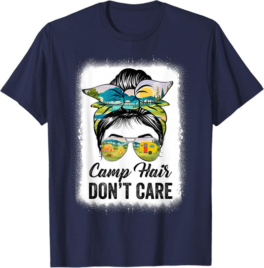 Camp Hair Don't Care Camper Camping Messy Bun Hair T-Shirt - T-Shirt | Navy
