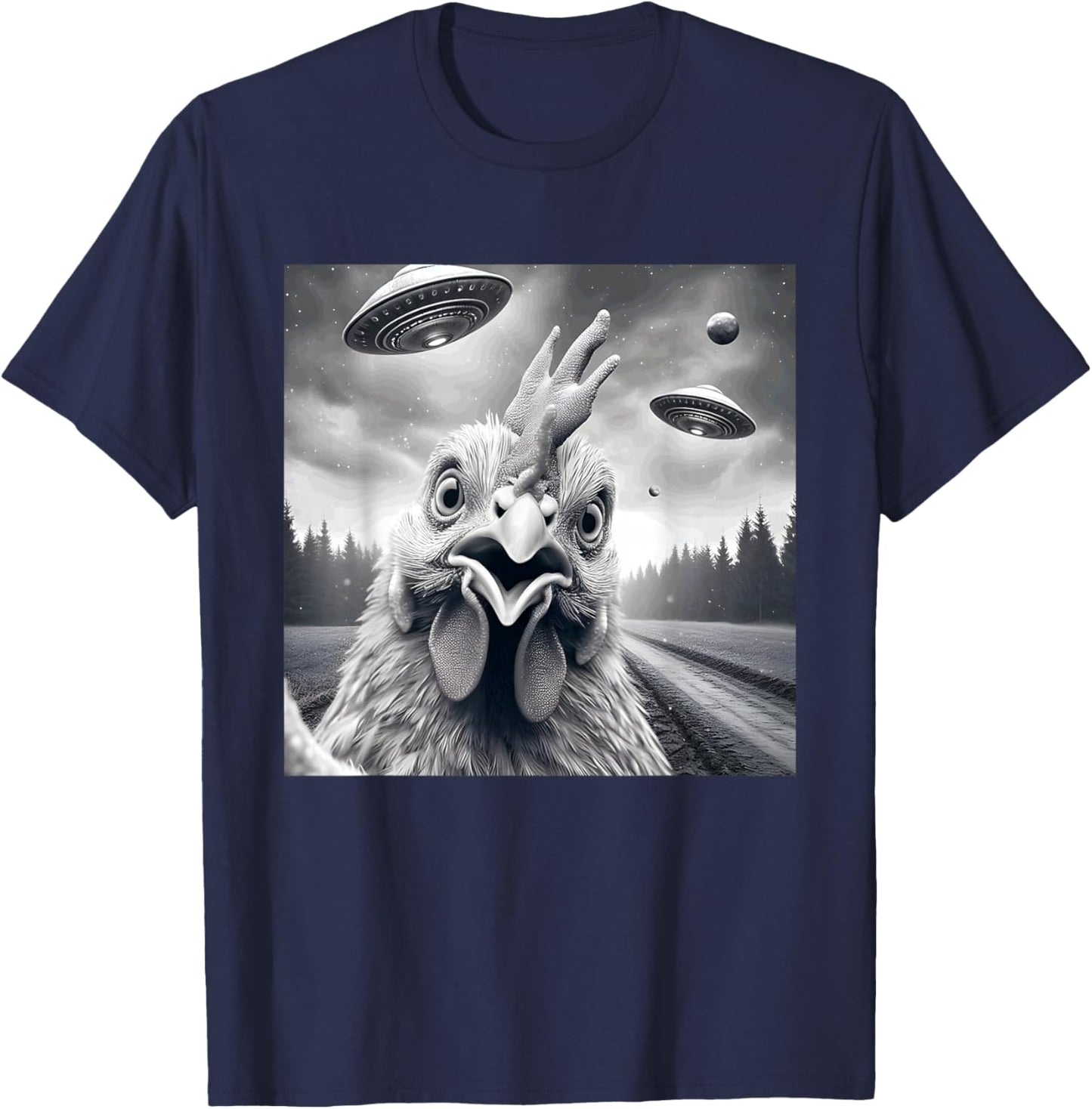 Chicken Rooster Funny Graphic Selfie with UFOs Weird Aliens T-Shirt - T-Shirt | Navy