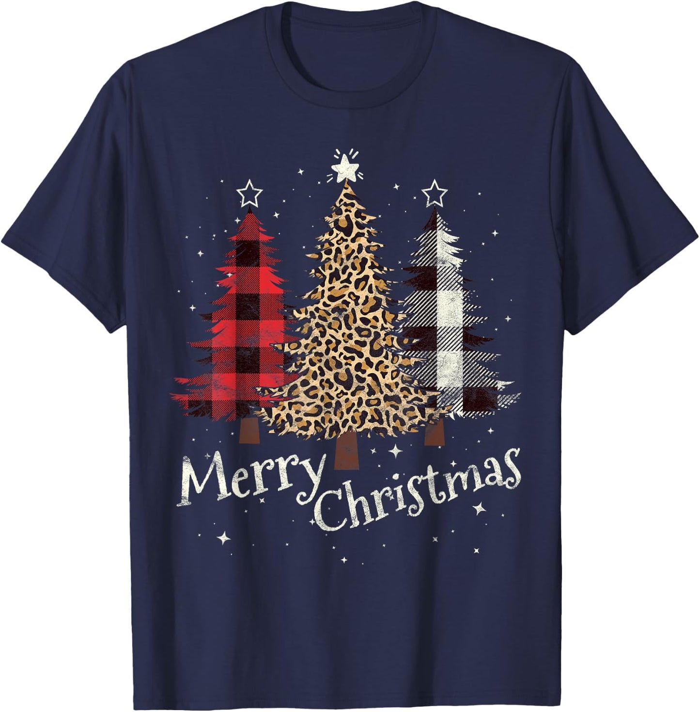 Merry Christmas Gift Three Xmas Trees Buffalo Plaid Woman T-Shirt - T-Shirt | Navy