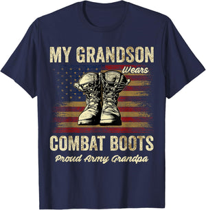My Grandson Wears Combat Boots Proud Army Grandpa Veteran T-Shirt - T-Shirt | Navy