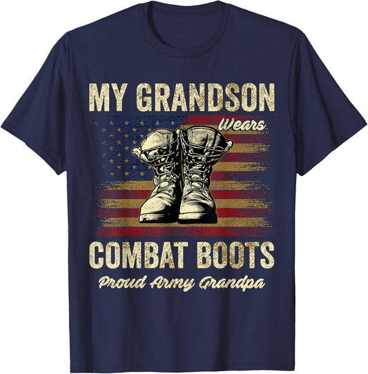 My Grandson Wears Combat Boots Proud Army Grandpa Veteran T-Shirt - T-Shirt | Navy