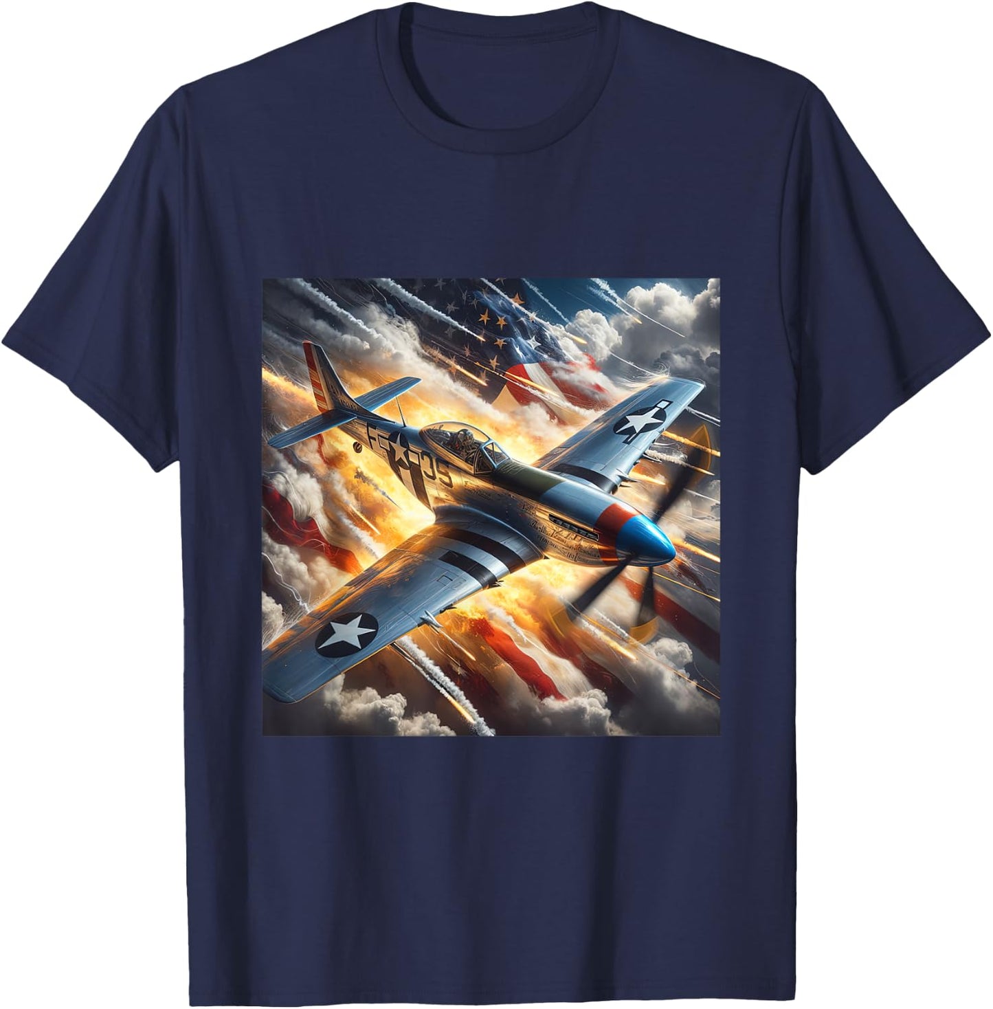 WWII Warbirds | P-51 Mustang in Dynamic Sky US Flag T-Shirt - T-Shirt | Navy