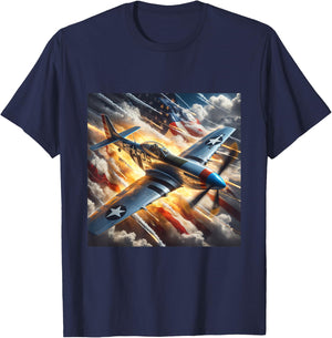 WWII Warbirds | P-51 Mustang in Dynamic Sky US Flag T-Shirt - T-Shirt | Navy