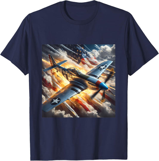 WWII Warbirds | P-51 Mustang in Dynamic Sky US Flag T-Shirt - T-Shirt | Navy
