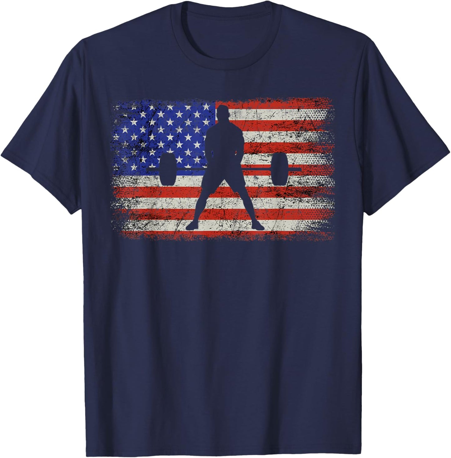 Weightlifting Patriotic Barbell American Flag Weight Lifter T-Shirt - T-Shirt | Navy
