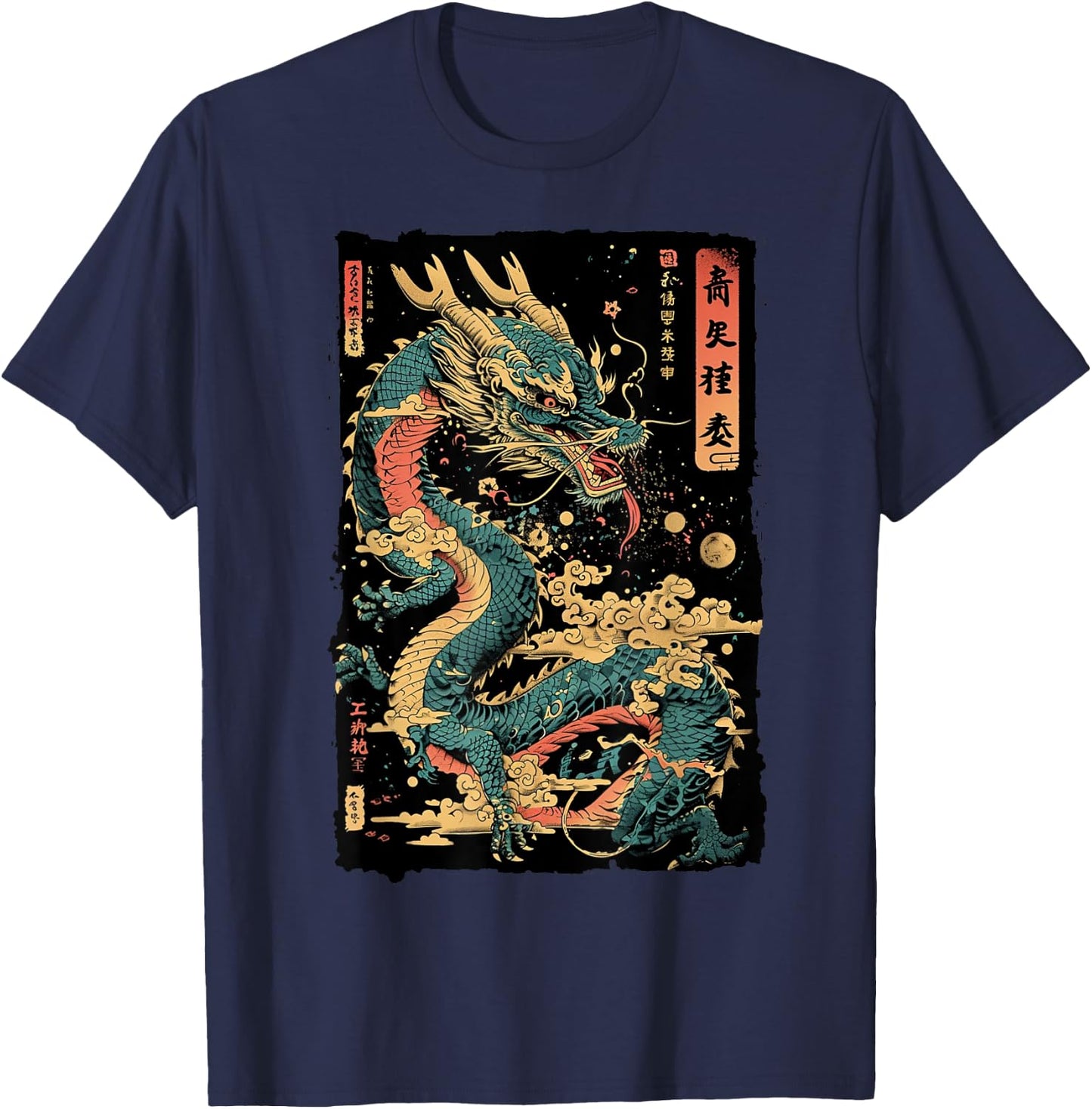 Dragon's Embrace: Sakura & Wave Art Fusion Graphic T-Shirt - T-Shirt | Navy