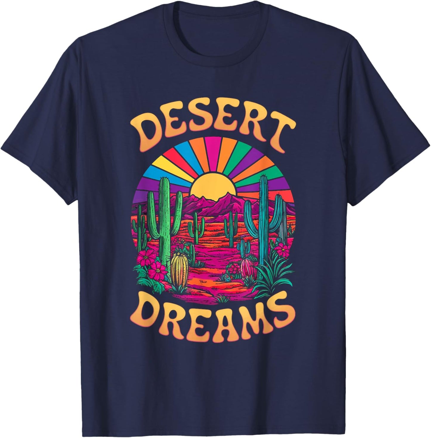 Colorful Psychedelic Desert Cactus Sunset Dreams T-Shirt - T-Shirt | Navy