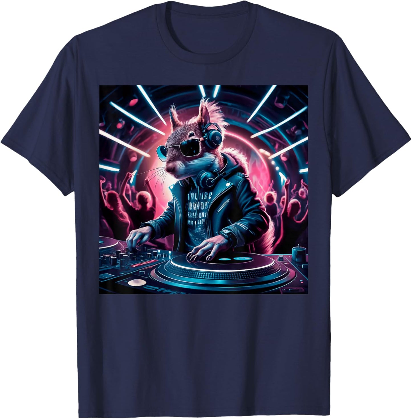 The Beat Never Stops Dj Squirrel In Leather Jacket Edm Art T-Shirt - T-Shirt | Navy