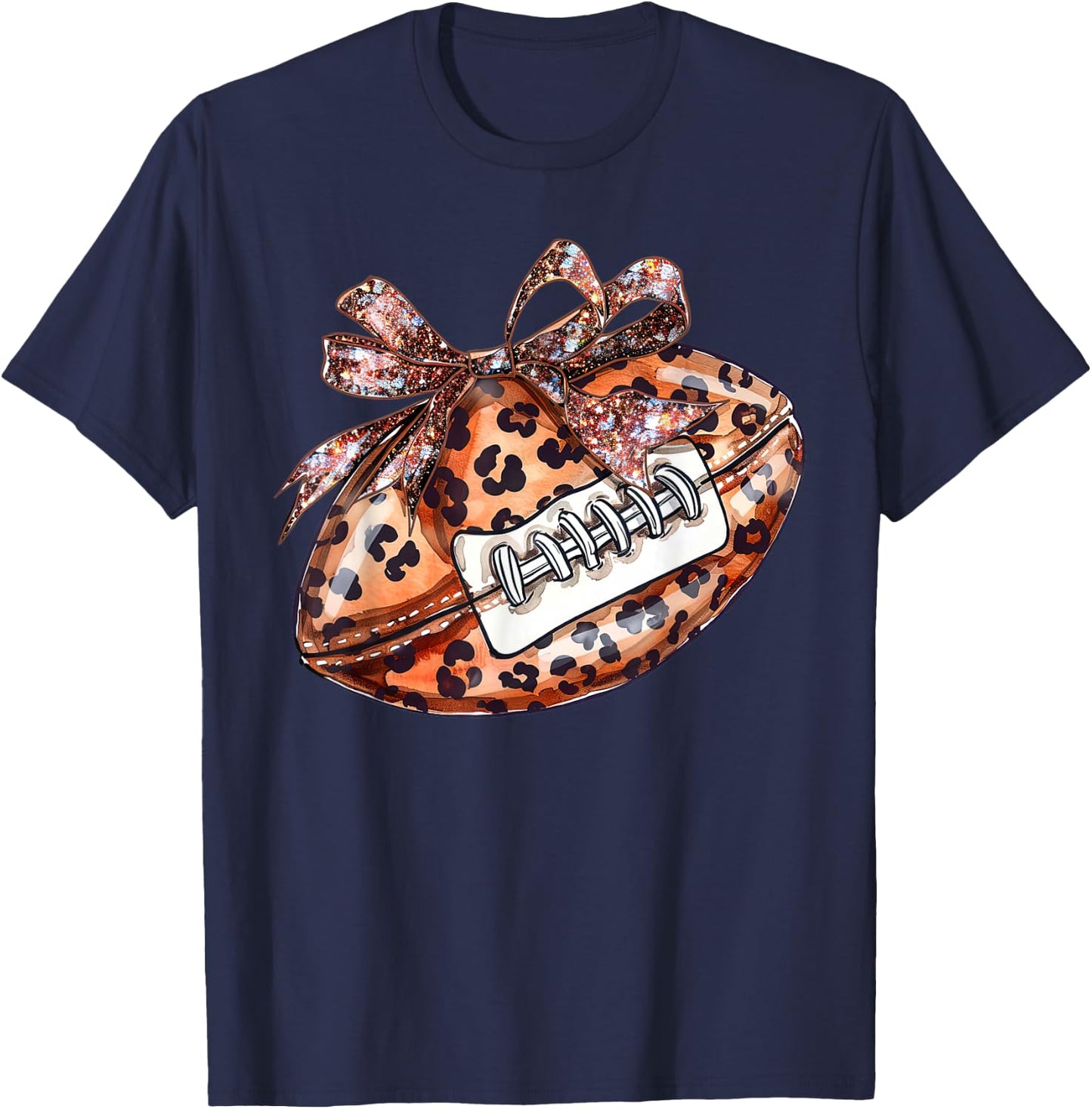 Leopard Cheetah Pattern Print Football with Ribbon Bow Tie T-Shirt - T-Shirt | Navy
