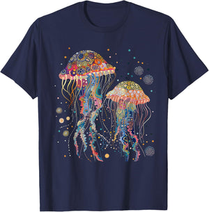 Jellyfish Colorful Flower Patterns Scuba Diving Diver Ocean T-Shirt - T-Shirt | Navy