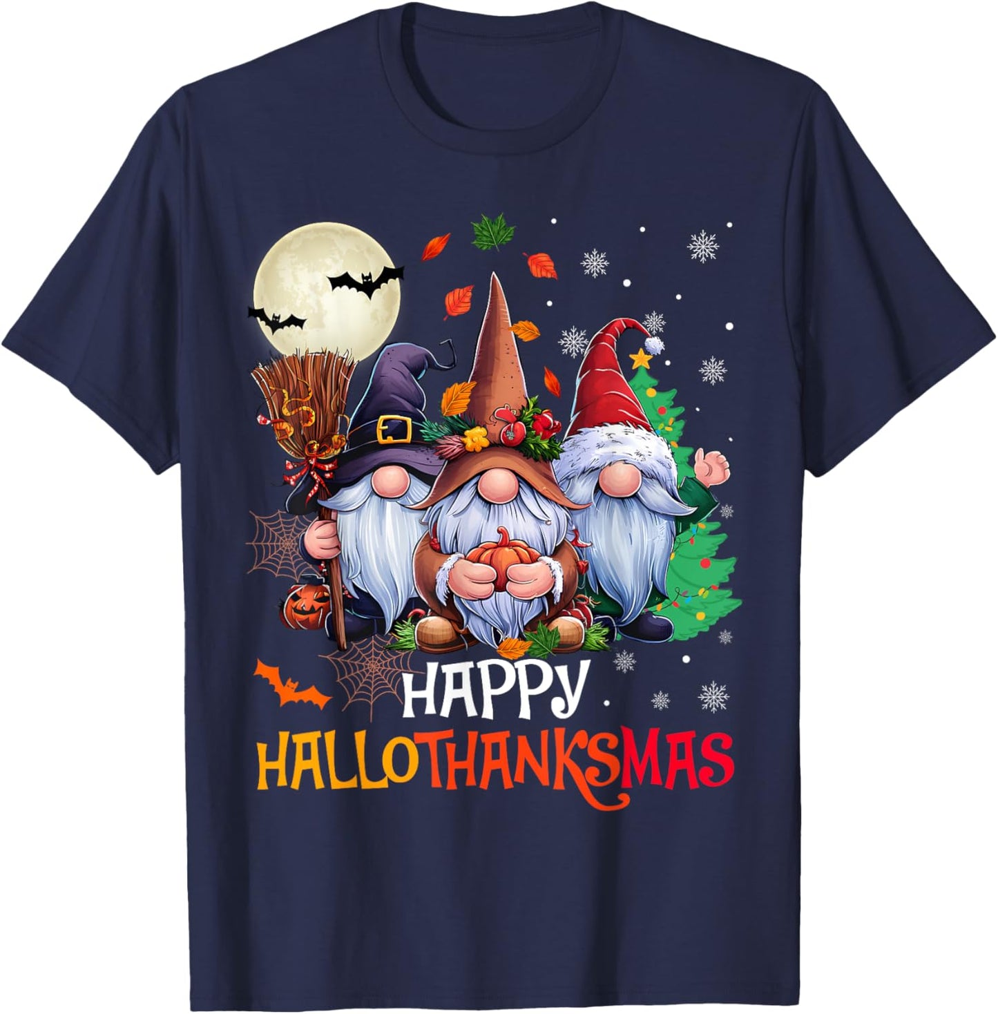Happy Hallothanksmas Gnomes Lover Halloween Merry Christmas T-Shirt - T-Shirt | Navy