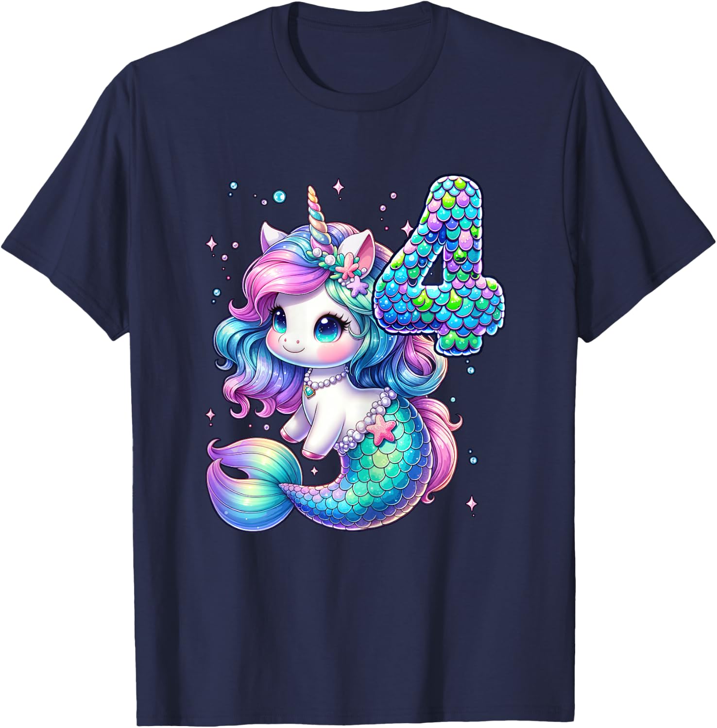 Unicorn Mermaid 4th Birthday 4 Year Old Party Girls Outfit T-Shirt - T-Shirt | Navy