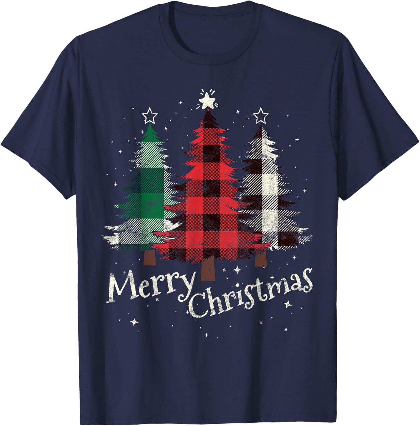 Merry Christmas Three Xmas Trees Buffalo Plaid Woman Gift T-Shirt - T-Shirt | Navy