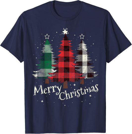 Merry Christmas Three Xmas Trees Buffalo Plaid Woman Gift T-Shirt - T-Shirt | Navy