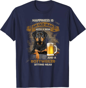 Happiness is an old man with a beer and a rottweiler T-Shirt - T-Shirt | Navy