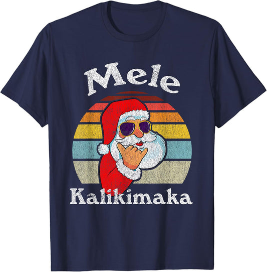 Mele Kalikimaka Retro Christmas Santa Shaka Hawaii Short Sleeve T-Shirt - T-Shirt | Navy